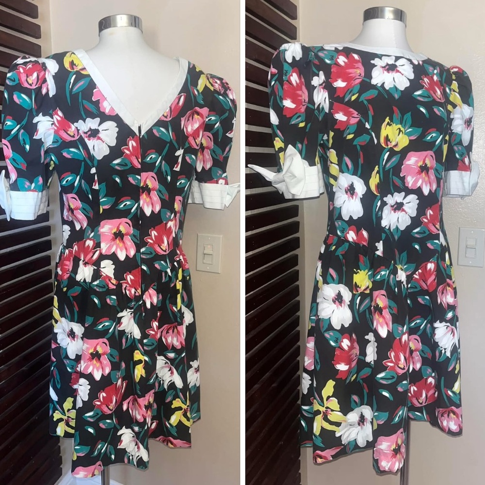 1980s Vintage Black Red Pink Green Pink Floral Party Dress Big Bows & Pockets